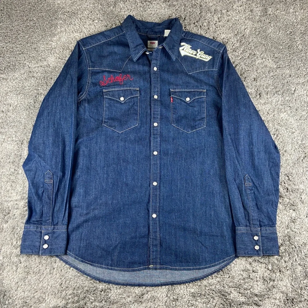 Levis Barstow Western Shirt Mens L Blue Denim SF 49ers Niner Gang Pearl Snap
